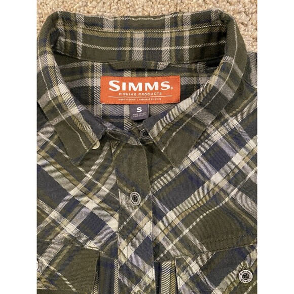Simms Flannel Shirt Mens‎ Small Green Blue Plaid Long Sleeve Outdoor Hiking - Picture 3 of 9
